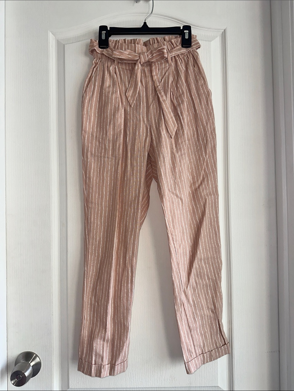 High-Waist Paperbag Stripe Pants - Blush Pink